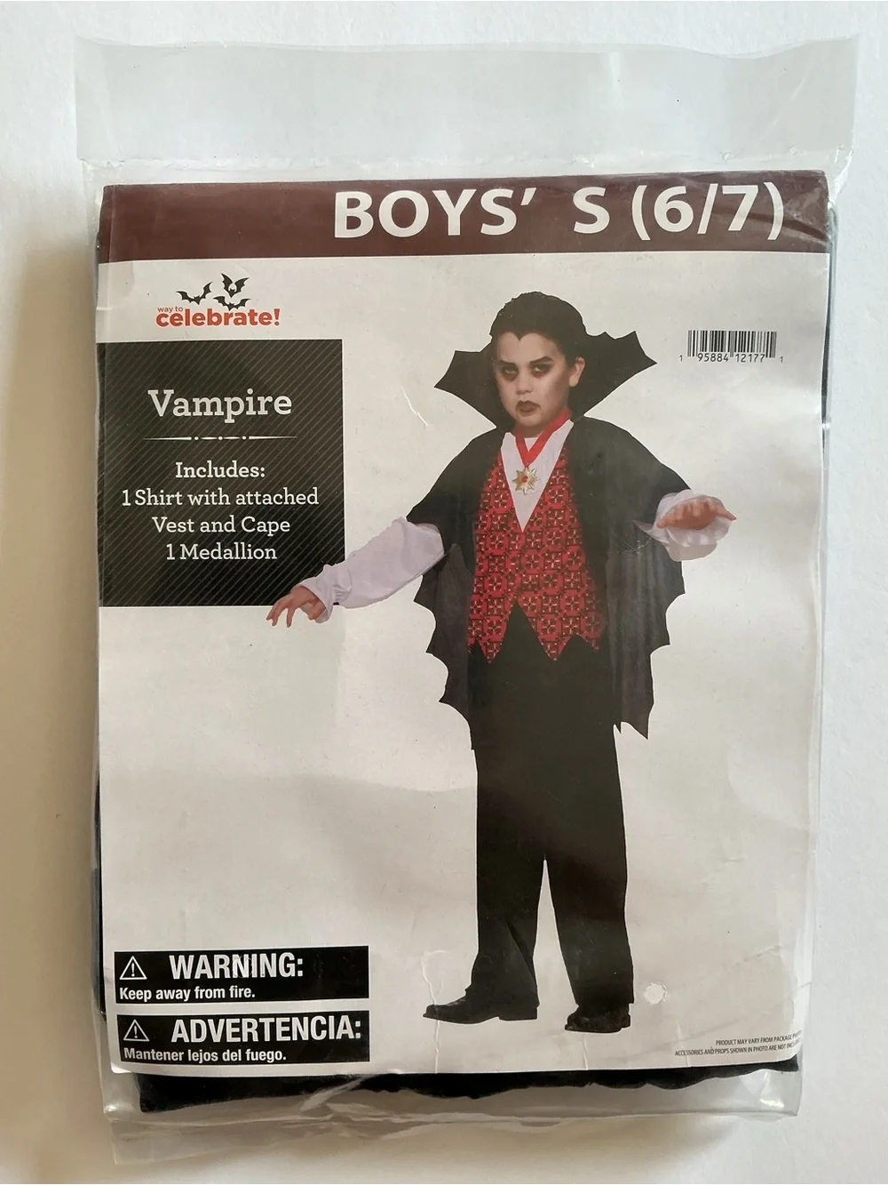 New Vampire Costume Boys' Size S 6/7 3pc Shirt w/ Attached Vest Cape & Medallion